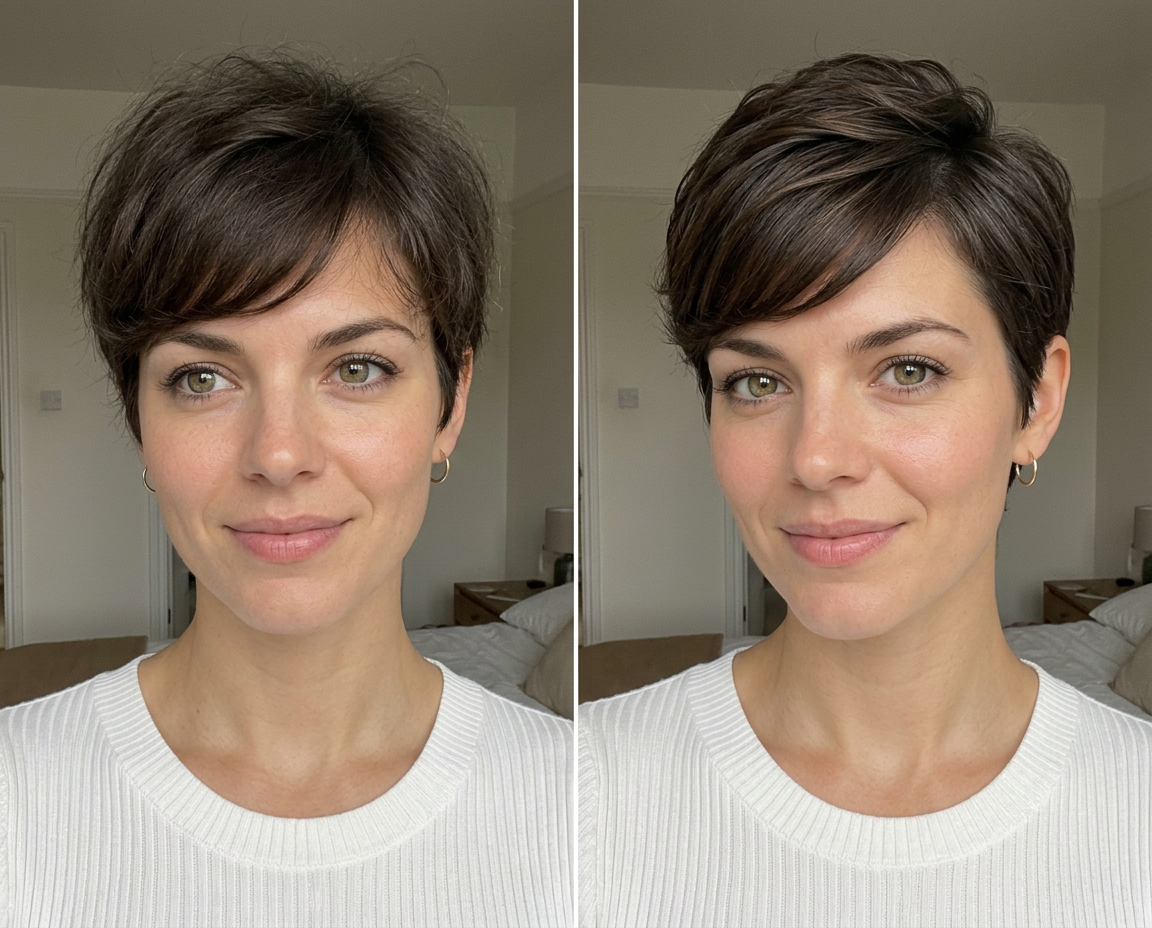 Sophie, 28 with pixie crop with fringe before and after styling with Aurise Sculpt