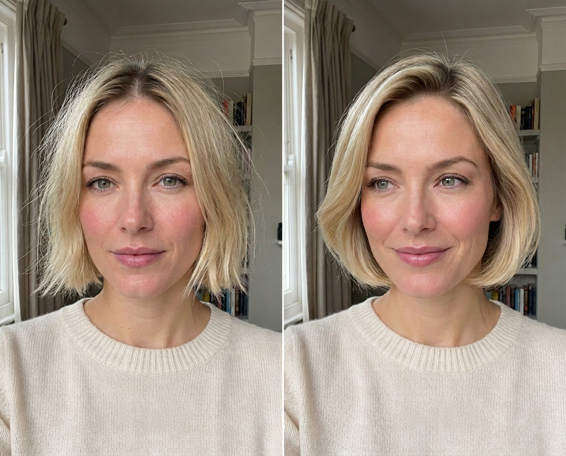 Emily, 36 with short blonde bob before and after styling with Aurise Sculpt