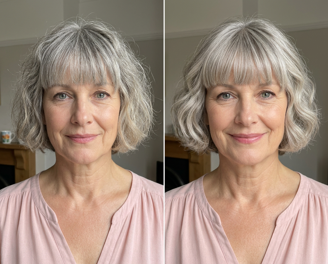 Margaret, 62 with wavy grey bob before and after styling with Aurise Sculpt
