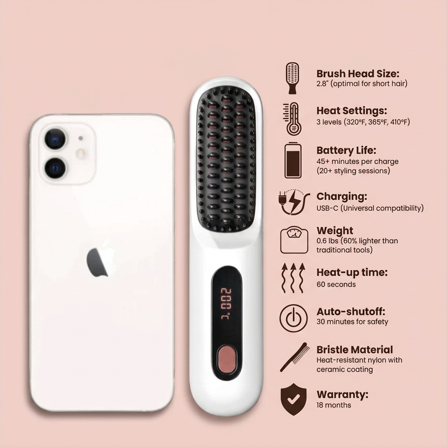 Aurise Sculpt™ specifications — brush head size 2.8 in, 3 heat levels, 45+ minute battery life, USB-C charging, 0.6 lb weight, 60-second heat-up, 30-minute auto shut-off, heat-resistant nylon bristles with ceramic coating, 18-month warranty